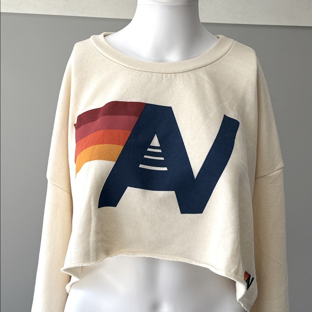 🏄♀️Aviator Nation LOGO CROPPED CREW SWEATSHIRT RELAXED -VINTAGE WHITE-Medium - Picture 2 of 11